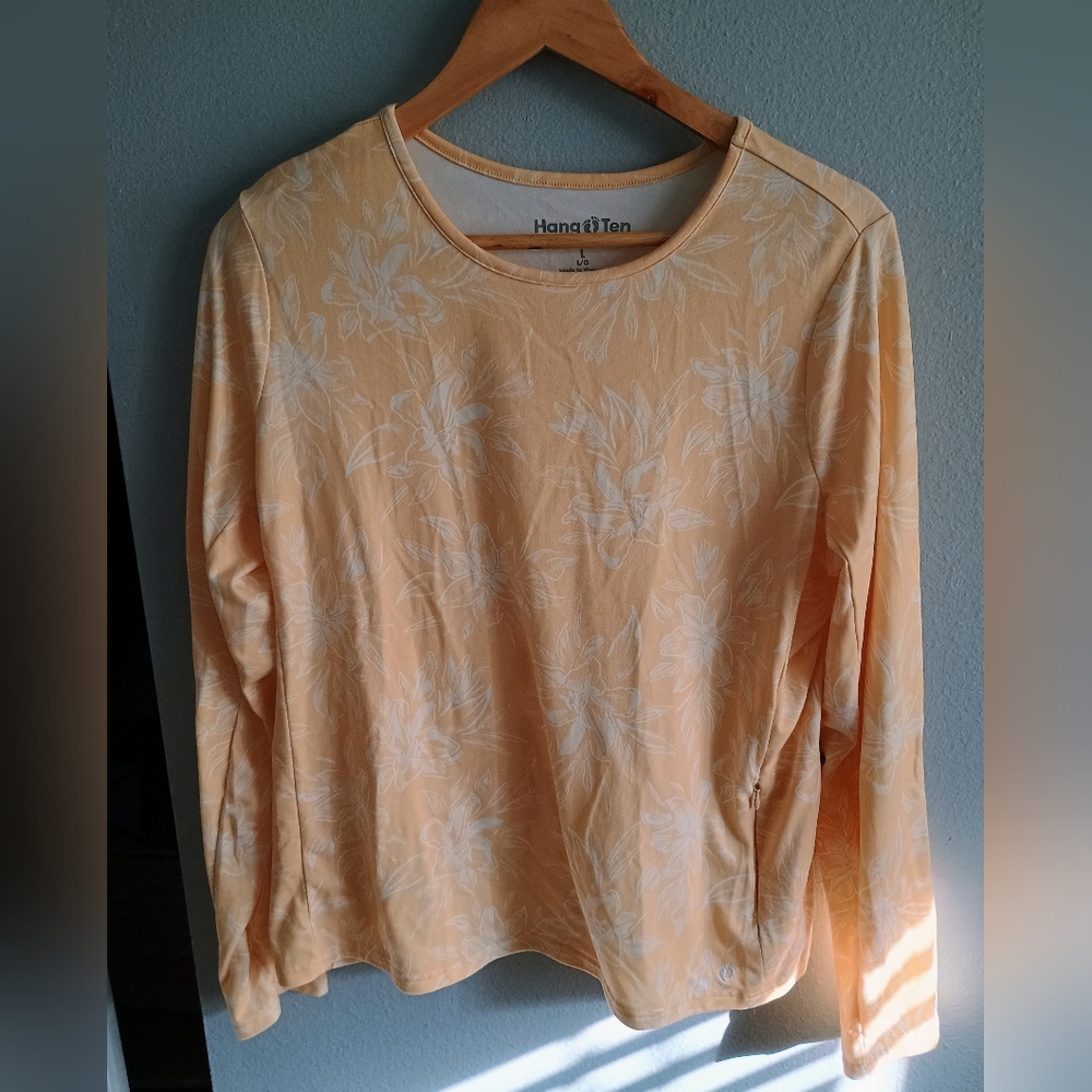 Hang Ten Yellow Floral Long Sleeve Top Beachy Vacation Resort Poolside Outdoorsy